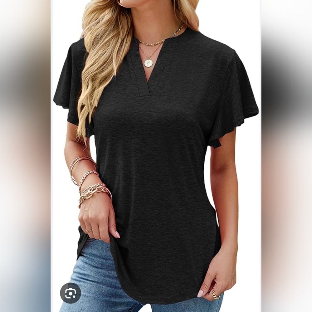Short‎ Sleeve V Neck Summer Loose Tunic Blouses T Shirt Black Large